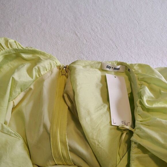 Chartreuse Babydoll Mini Dress V-Neck Flutter Puff Sleeve Women’s Large - Picture 11 of 11